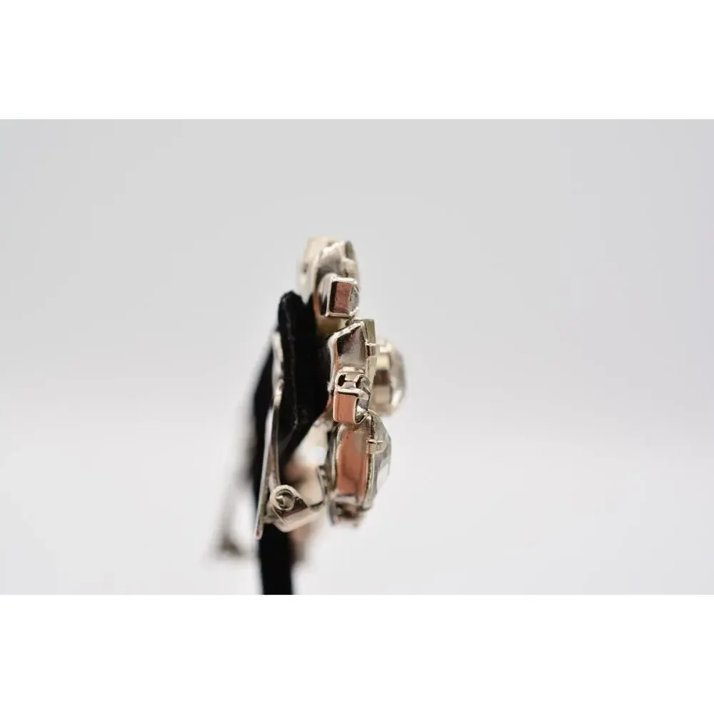 Vintage Crystal Clip Pm Earrings Shiny Rhinestone Marquise Silver 1980s BinAA